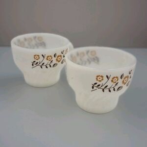 2 Vintage Termocrisa Milk Glass Coffee Cups Brown Leaves Golden Flowers Mexico